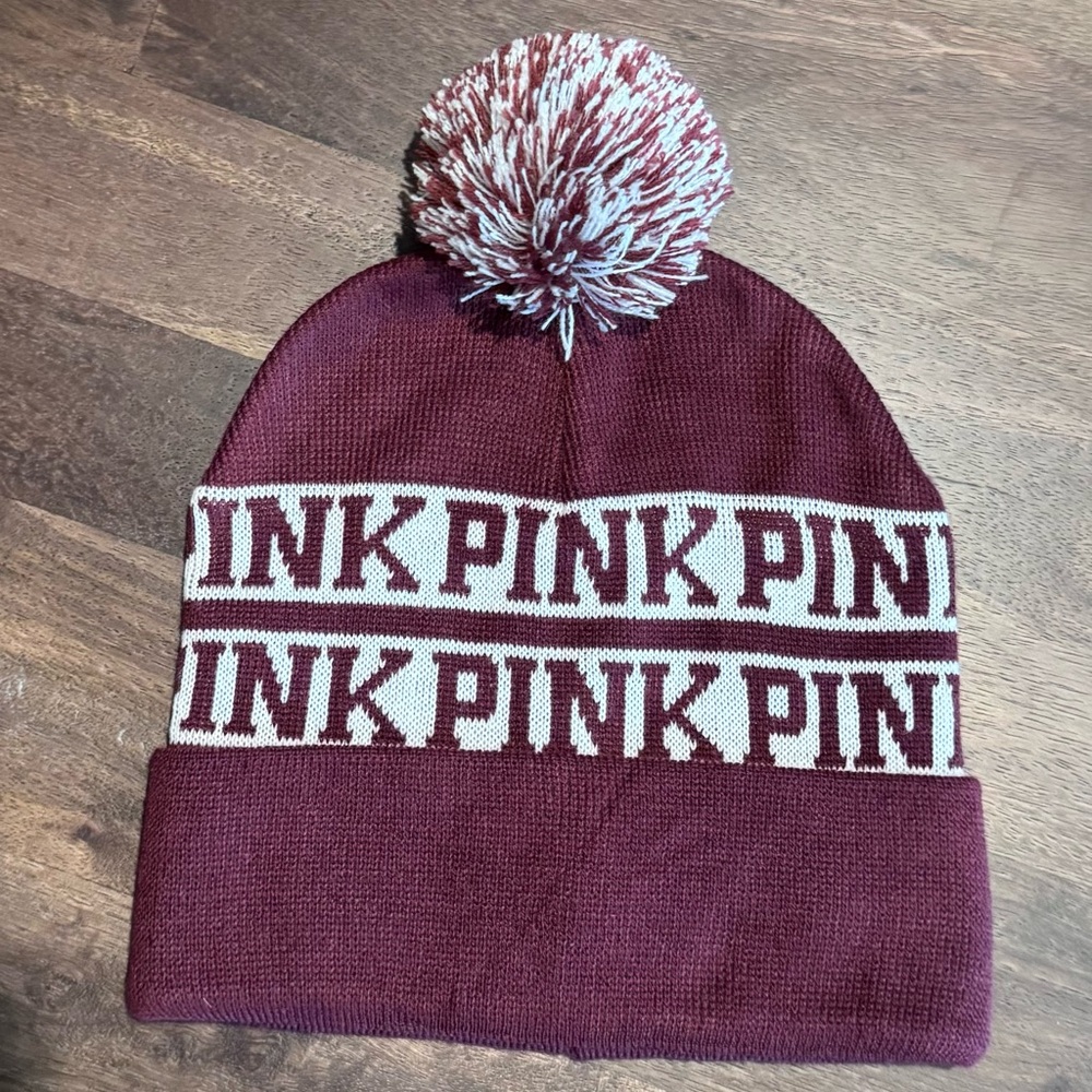 PINK Victoria's Secret Burgundy and White Beanie, O/S